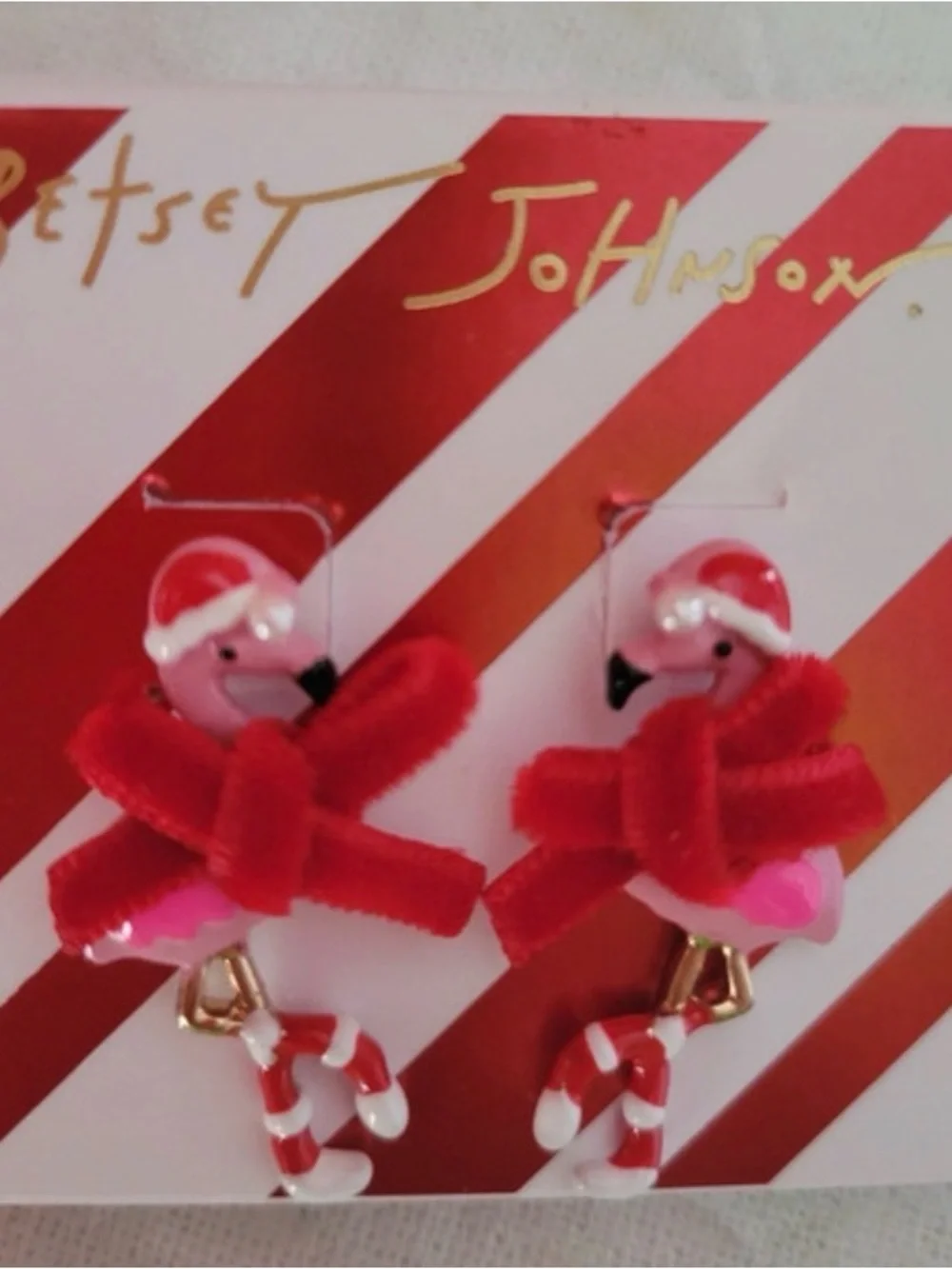 BETSEY JOHNSON Christmas Holiday Red Velvet Ribbon Flamingo Earrings NEW NWT